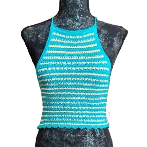 Urban Outfitters Blue Striped Crochet Halter Crop Top - Picture 2 of 6